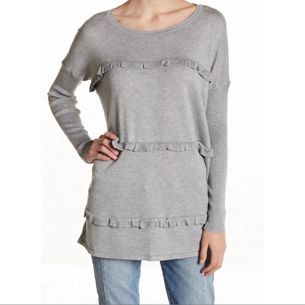 New Rayon Blend Gray Heather Crew Neck Drop Shoulder Sweater with Ruffle Details